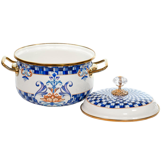 Red Co. Vintage Enamel Cookware Induction Stockpot with Blue Floral Design and Gold Trim with Crystal Knob Lid