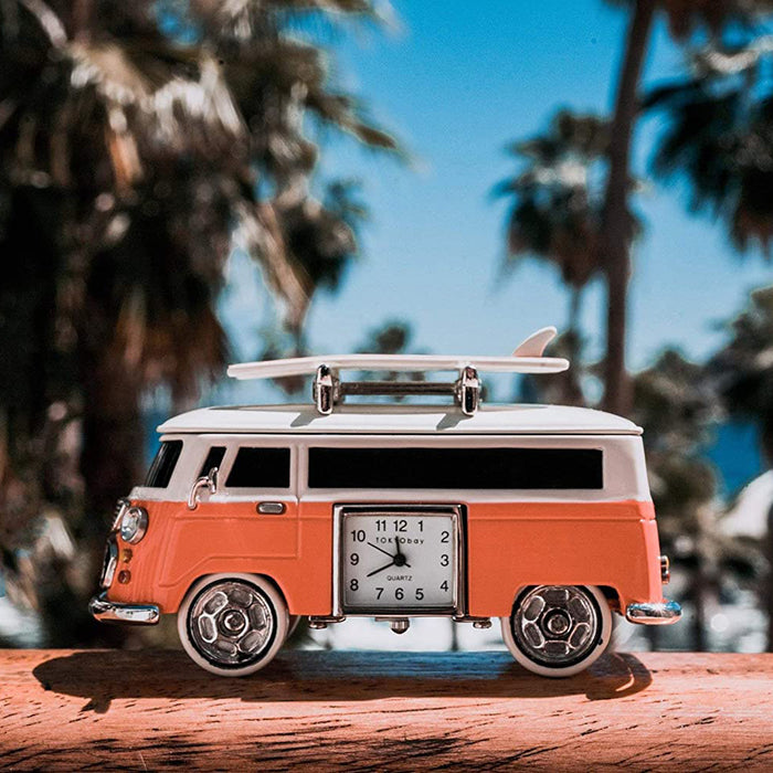 Red Co. Miniature Vintage Camper Van, Novelty Desk Table Desktop Collectors Clock - 4"