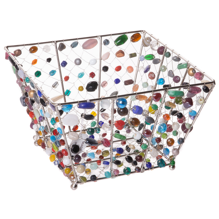 Red Co. Lovely Colorful Multi-Beaded Square Mesh Wire Basket, Boho Chic Home Décor, 7 Inches