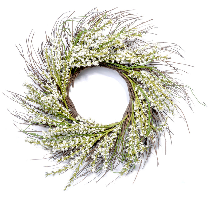 Red Co. Artificial Flower Bouquet Snow Heather, Natural Twig Spring Floral Wreath - Home Decor for Front Door or Indoor Wall - 24"