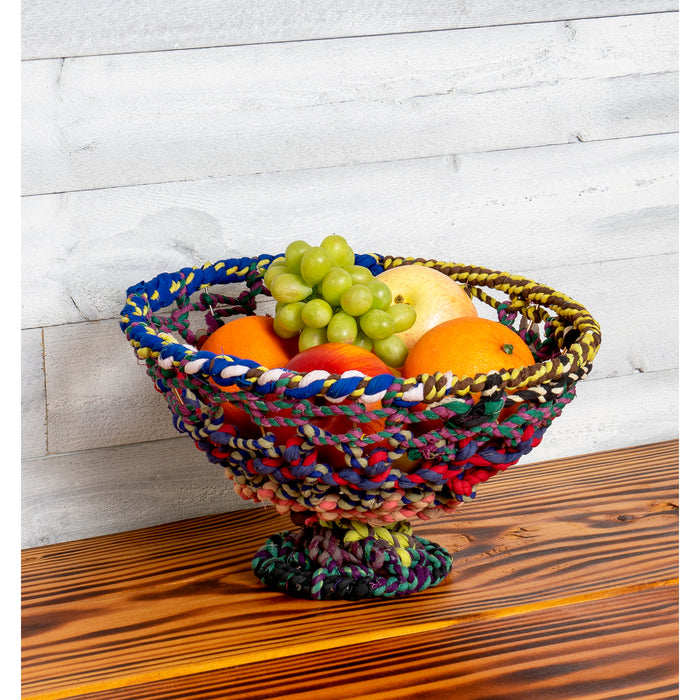 Red Co. Round Colorful Decorative Jute and Metal Wire Bowl on Pedestal Base, Fruit Server Display, 11-Inch