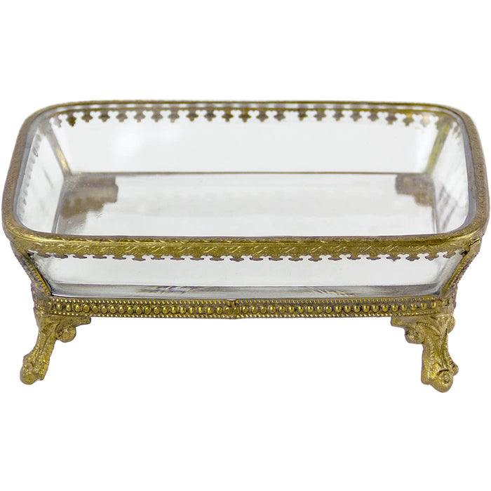 Red Co. Vintage Footed Clear Glass and Brass Soap Dish with Ornate Details